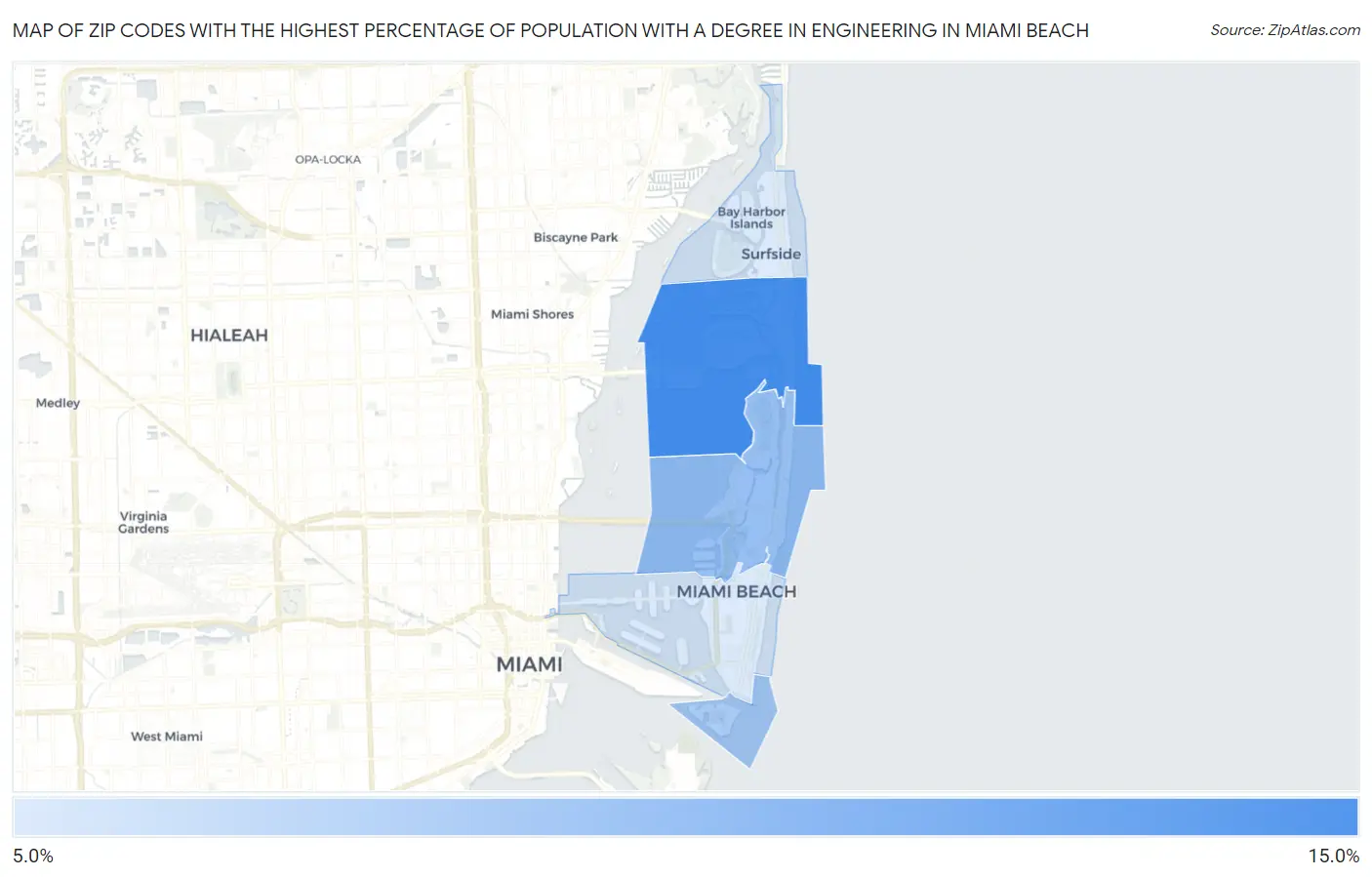 Zip Codes with the Highest Percentage of Population with a Degree in Engineering in Miami Beach Map