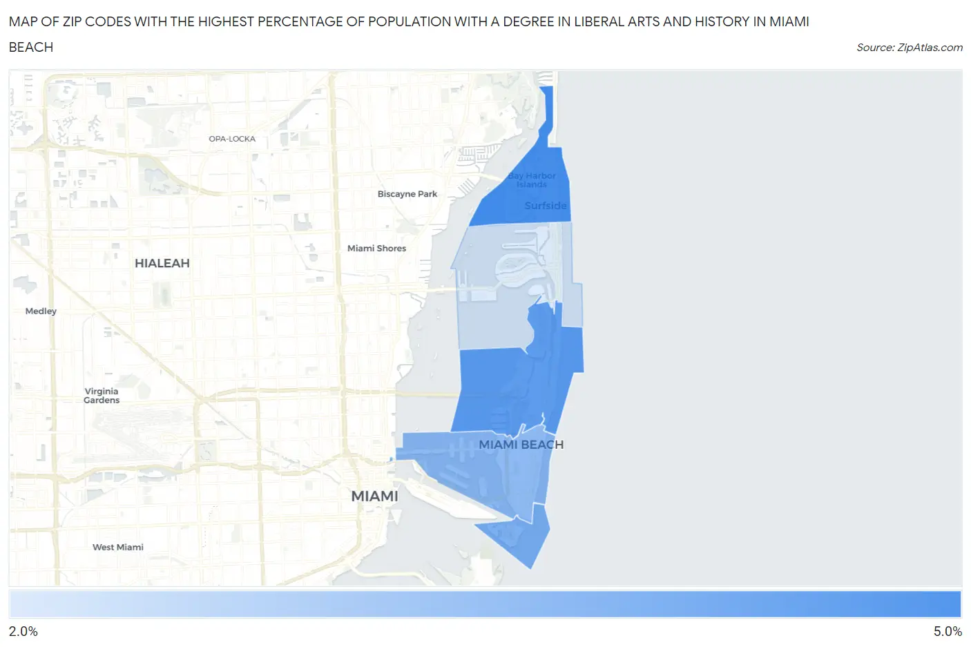 Zip Codes with the Highest Percentage of Population with a Degree in Liberal Arts and History in Miami Beach Map