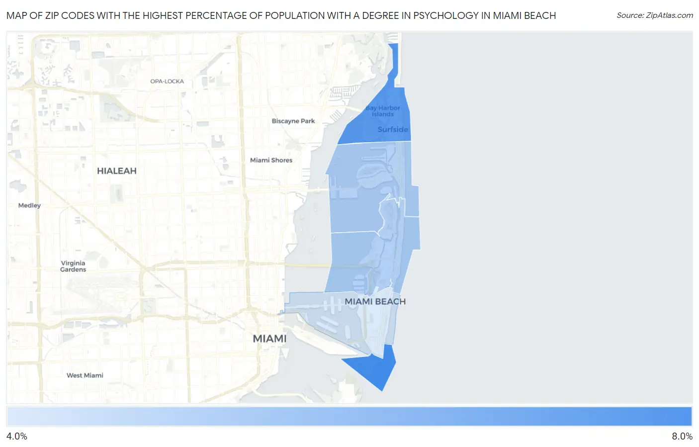 Zip Codes with the Highest Percentage of Population with a Degree in Psychology in Miami Beach Map