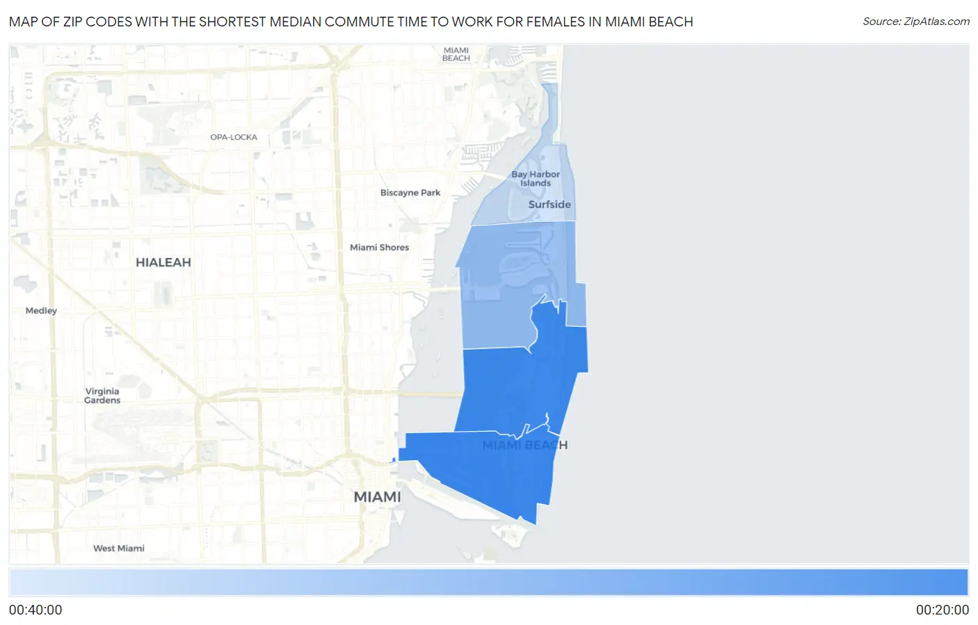 Zip Codes with the Shortest Median Commute Time to Work for Females in Miami Beach Map
