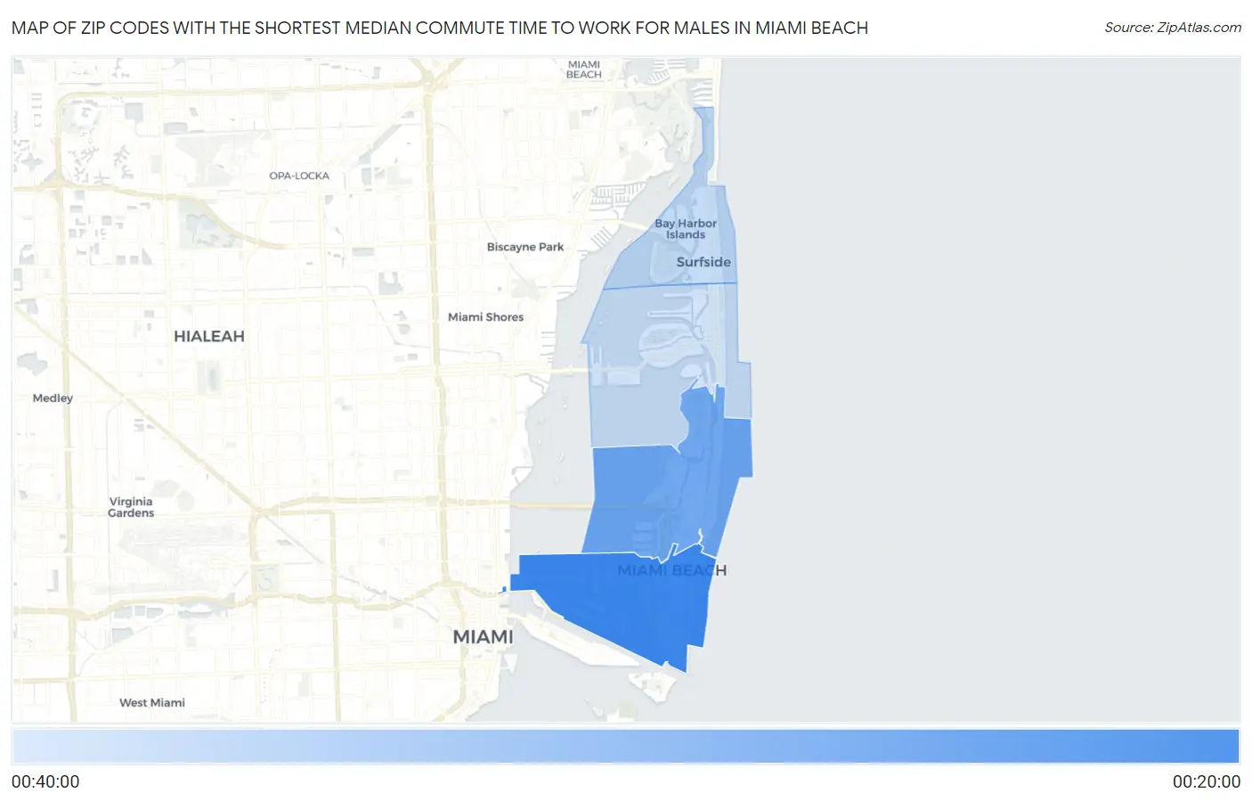 Zip Codes with the Shortest Median Commute Time to Work for Males in Miami Beach Map