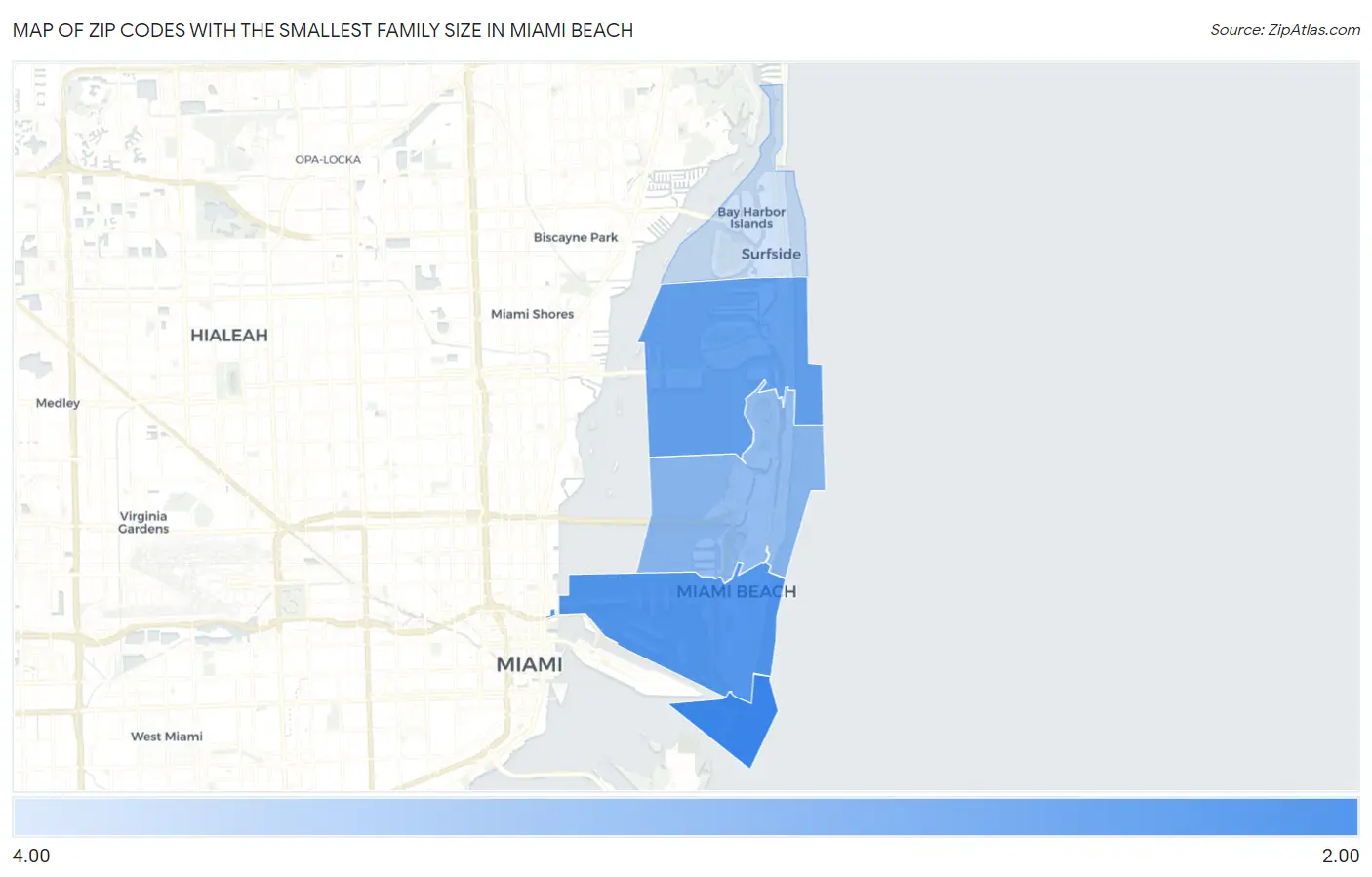Zip Codes with the Smallest Family Size in Miami Beach Map