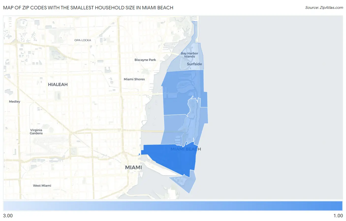 Zip Codes with the Smallest Household Size in Miami Beach Map