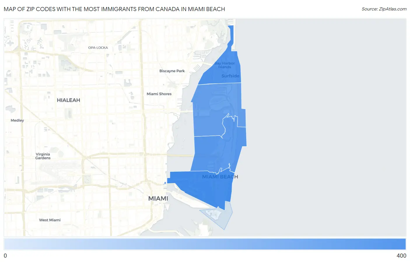 Zip Codes with the Most Immigrants from Canada in Miami Beach Map