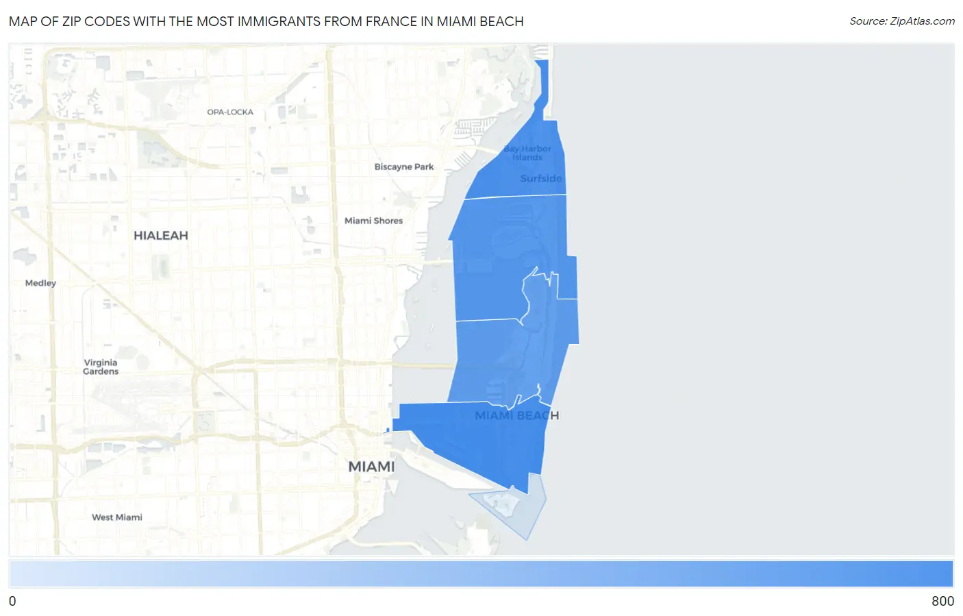 Zip Codes with the Most Immigrants from France in Miami Beach Map