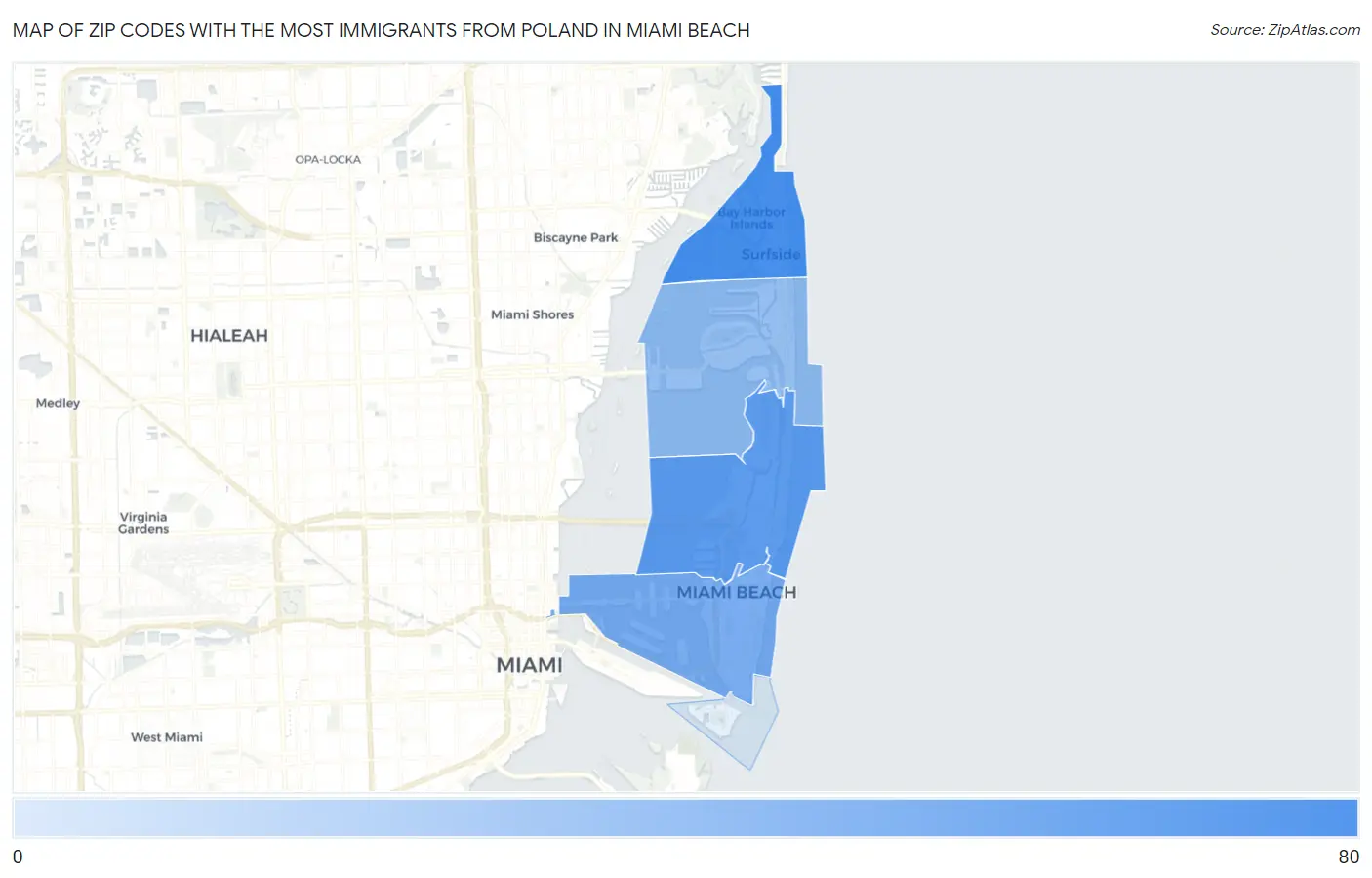 Zip Codes with the Most Immigrants from Poland in Miami Beach Map