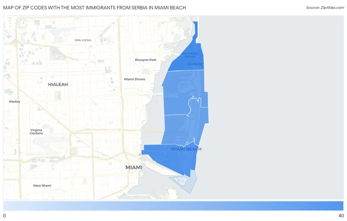 Zip Codes with the Most Immigrants from Serbia in Miami Beach Map