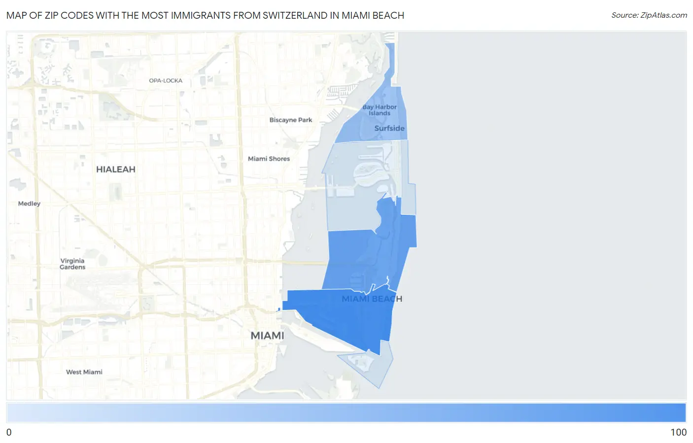 Zip Codes with the Most Immigrants from Switzerland in Miami Beach Map