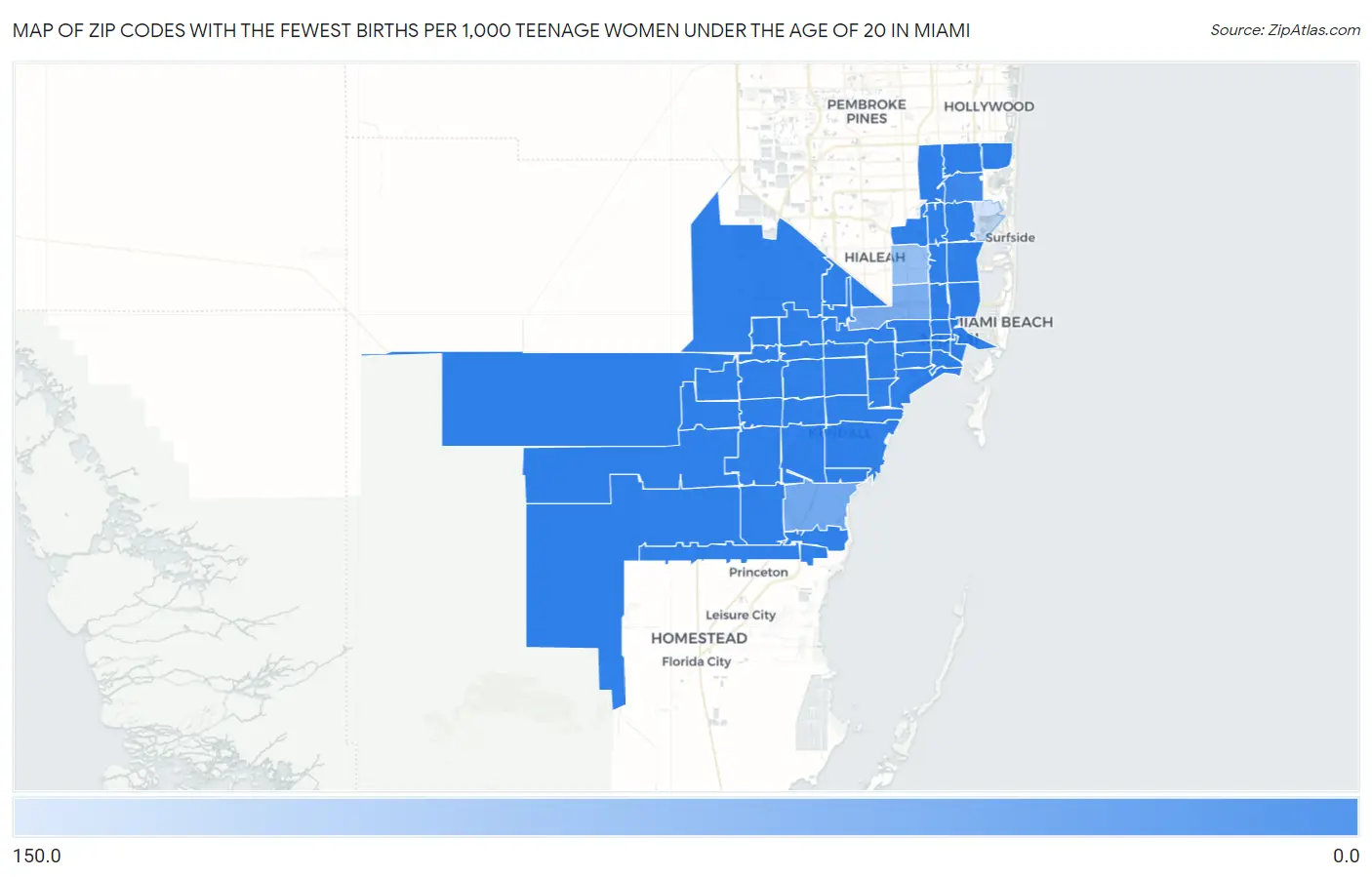 Zip Codes with the Fewest Births per 1,000 Teenage Women Under the Age of 20 in Miami Map