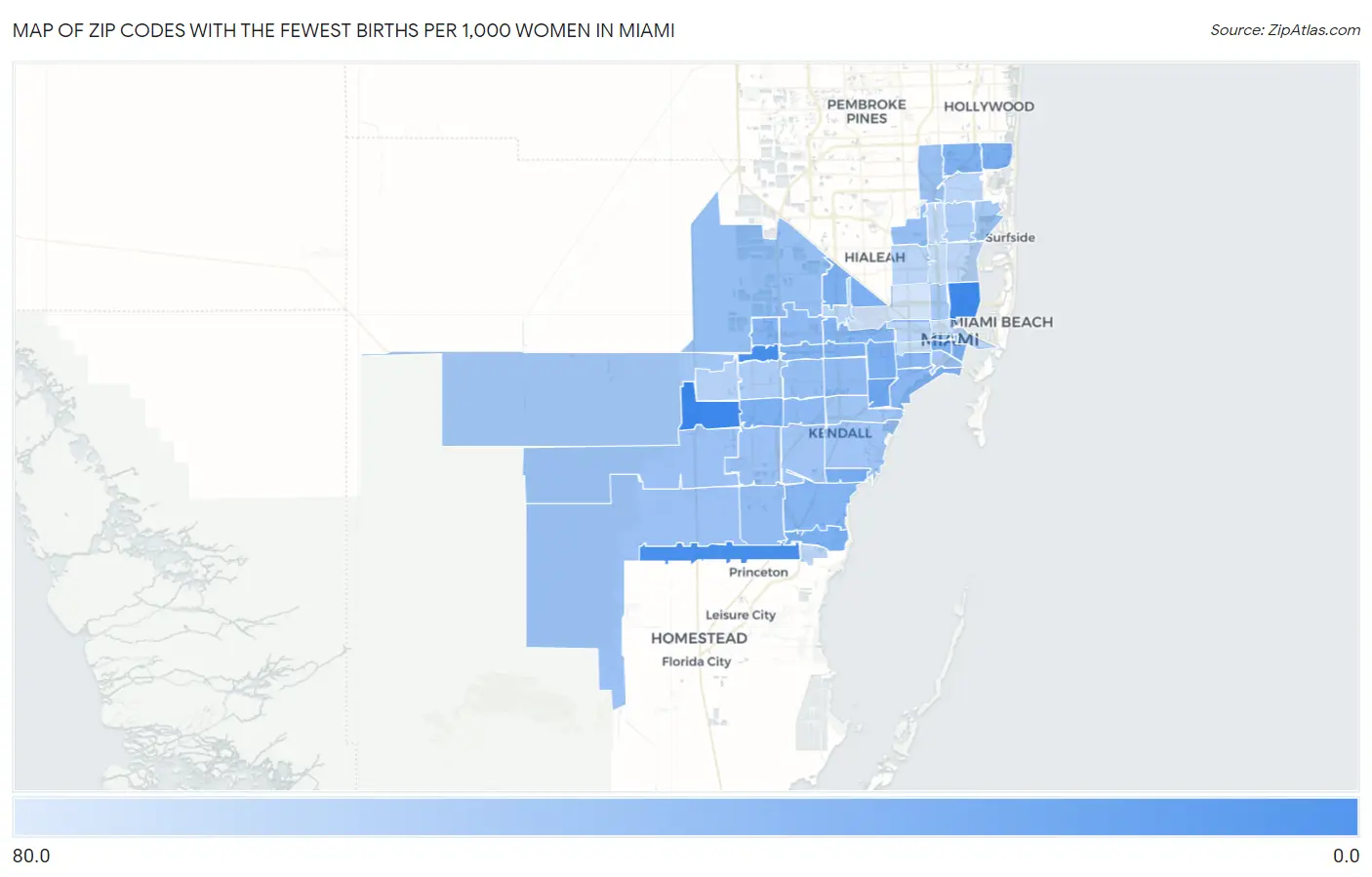 Zip Codes with the Fewest Births per 1,000 Women in Miami Map
