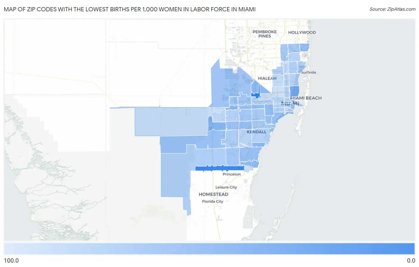 Zip Codes with the Lowest Births per 1,000 Women in Labor Force in Miami Map