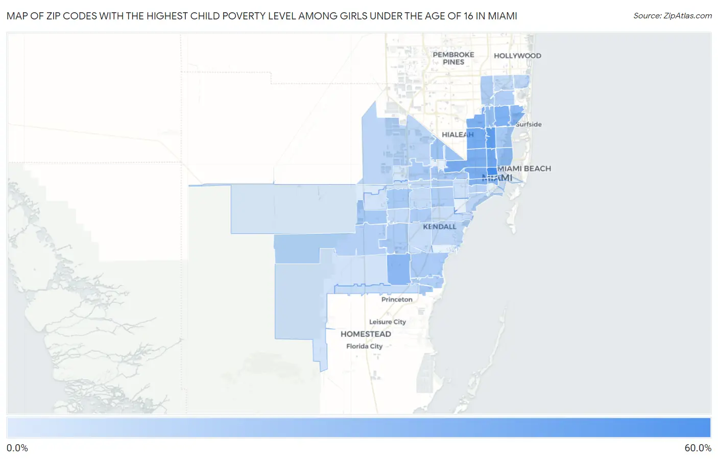 Zip Codes with the Highest Child Poverty Level Among Girls Under the Age of 16 in Miami Map