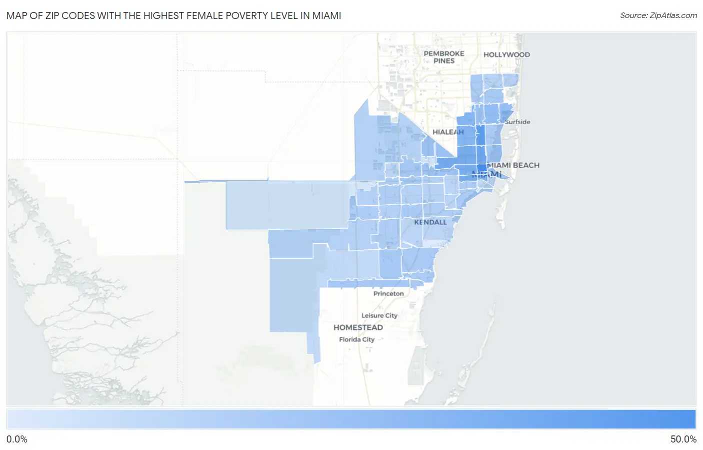 Zip Codes with the Highest Female Poverty Level in Miami Map