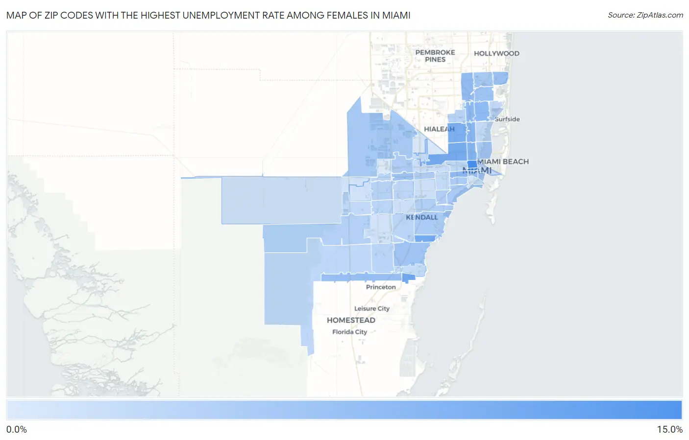 Zip Codes with the Highest Unemployment Rate Among Females in Miami Map