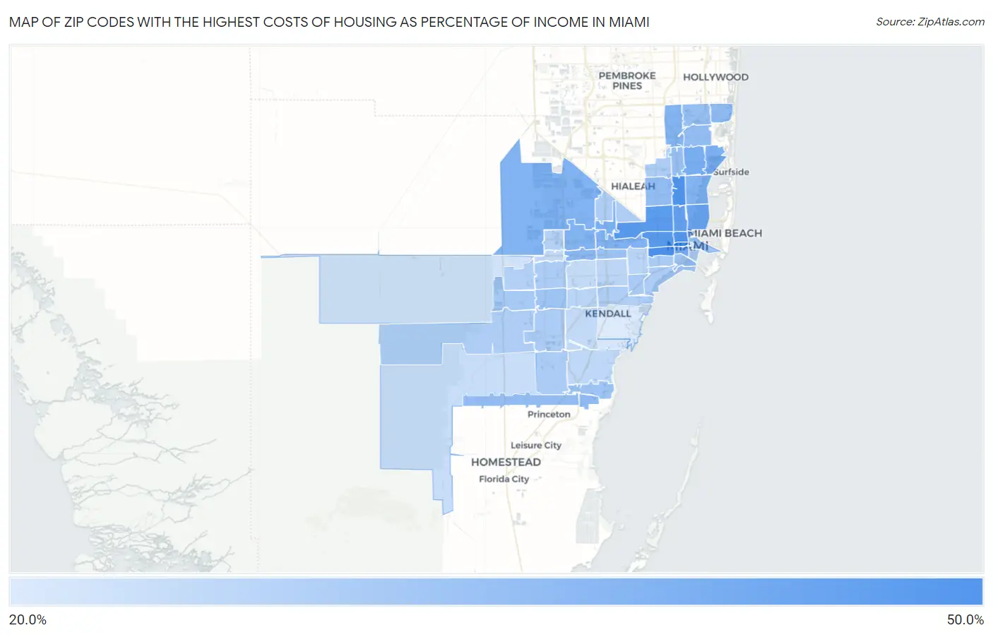 Zip Codes with the Highest Costs of Housing as Percentage of Income in Miami Map