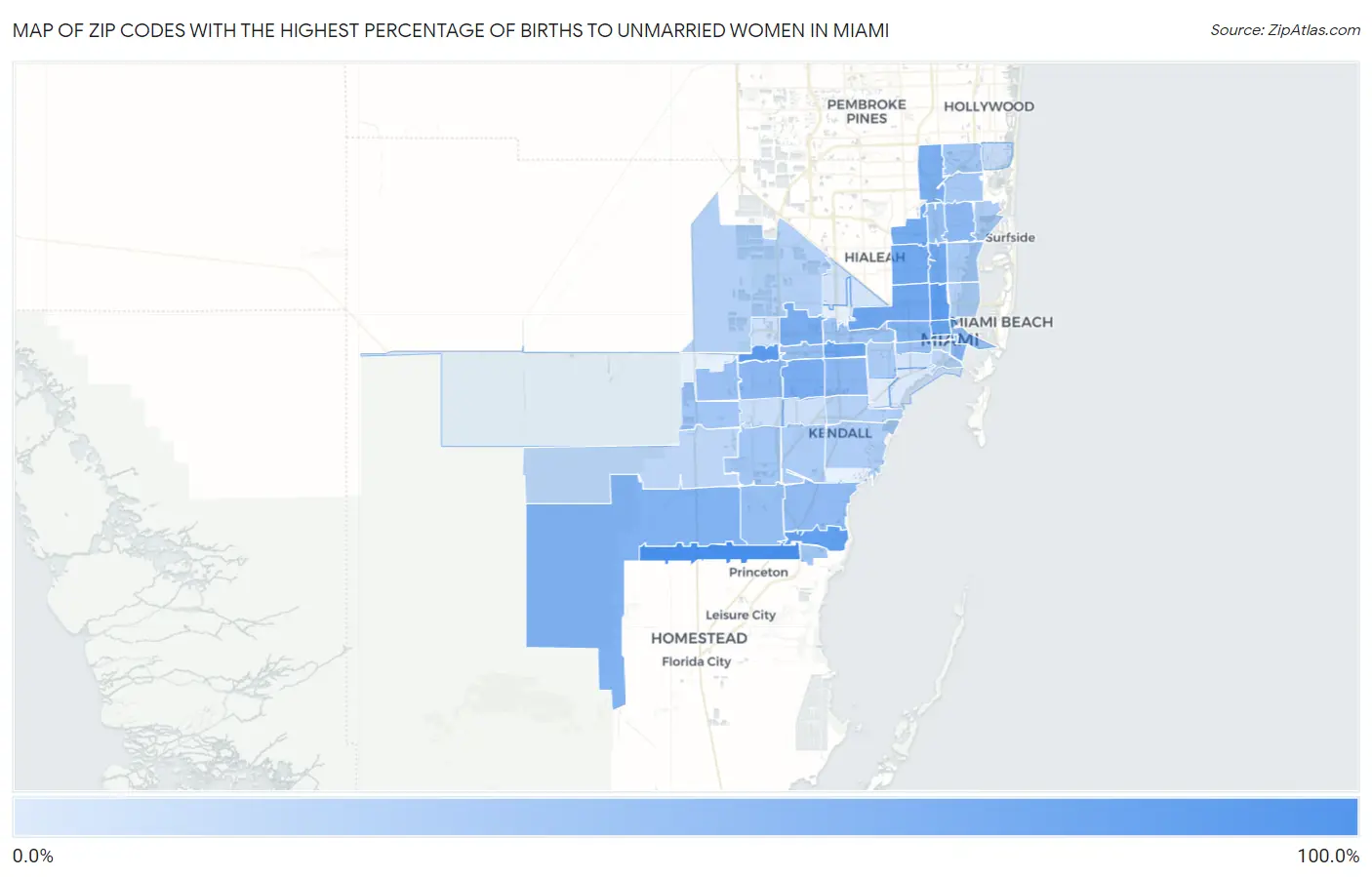 Zip Codes with the Highest Percentage of Births to Unmarried Women in Miami Map