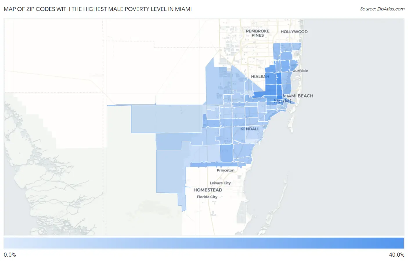 Zip Codes with the Highest Male Poverty Level in Miami Map