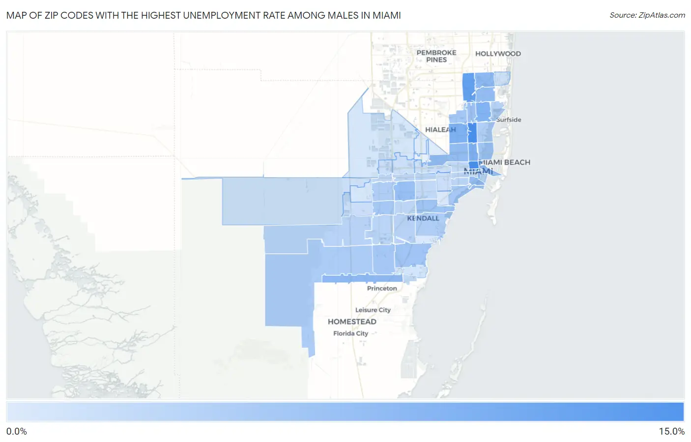 Zip Codes with the Highest Unemployment Rate Among Males in Miami Map