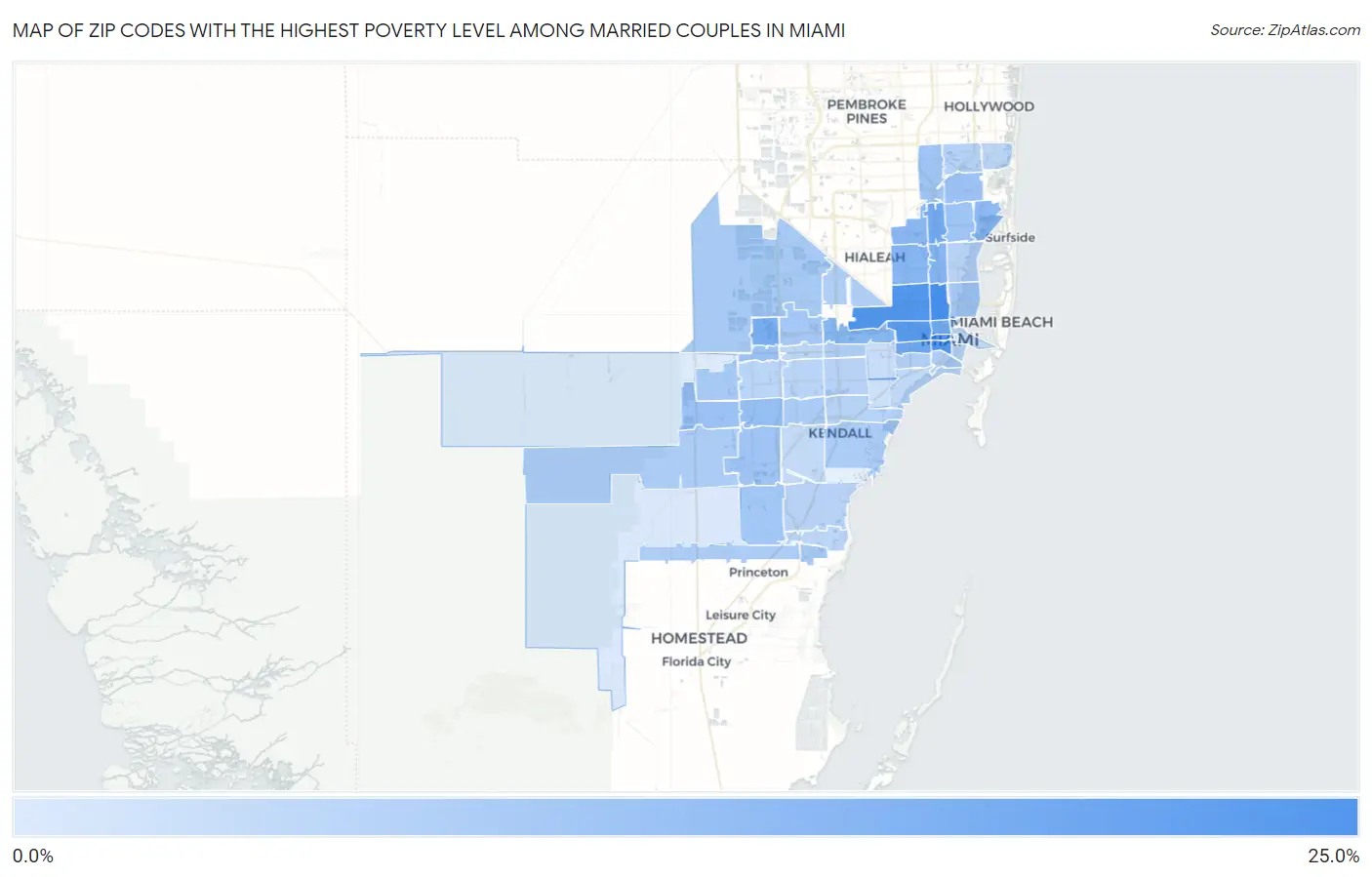 Zip Codes with the Highest Poverty Level Among Married Couples in Miami Map