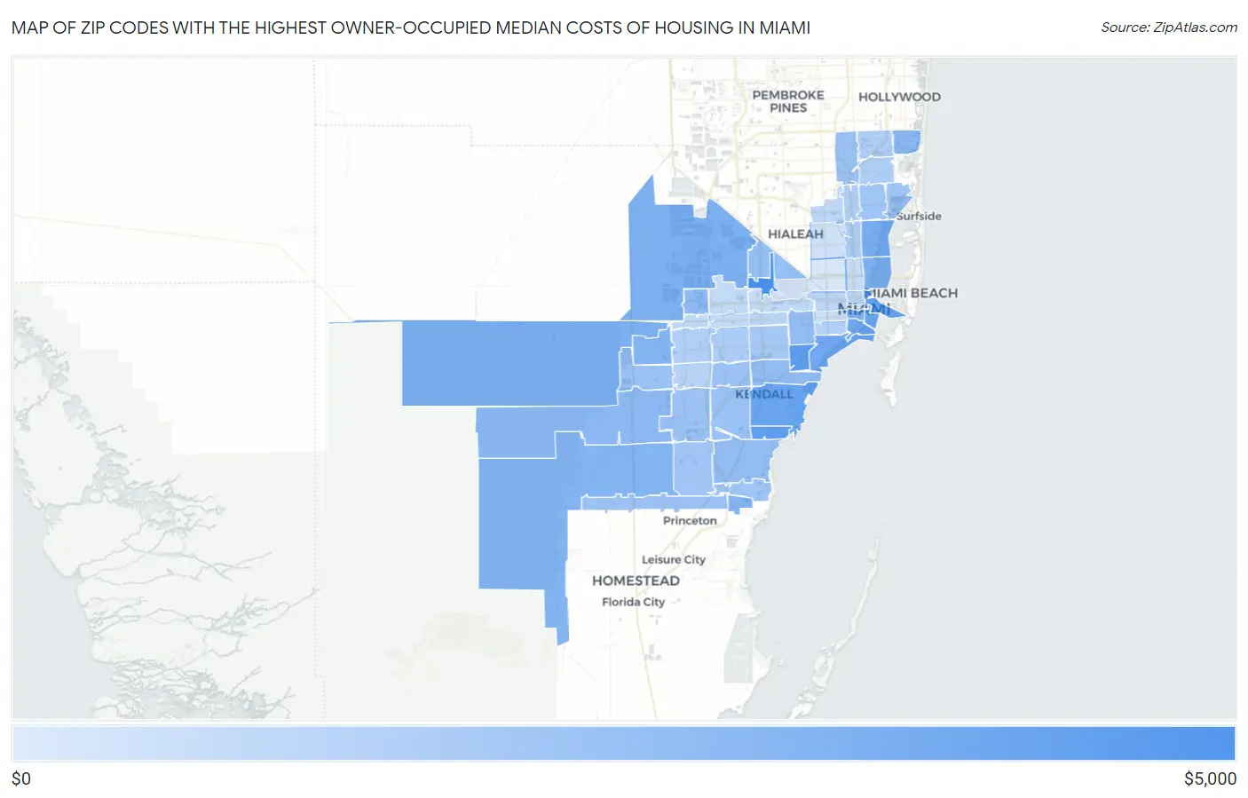 Zip Codes with the Highest Owner-Occupied Median Costs of Housing in Miami Map