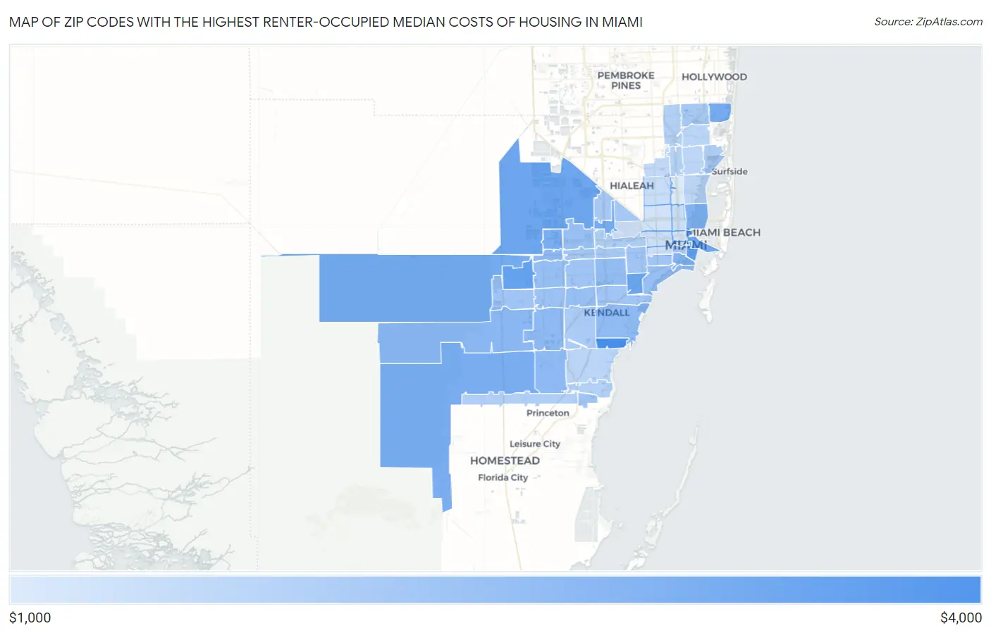 Zip Codes with the Highest Renter-Occupied Median Costs of Housing in Miami Map