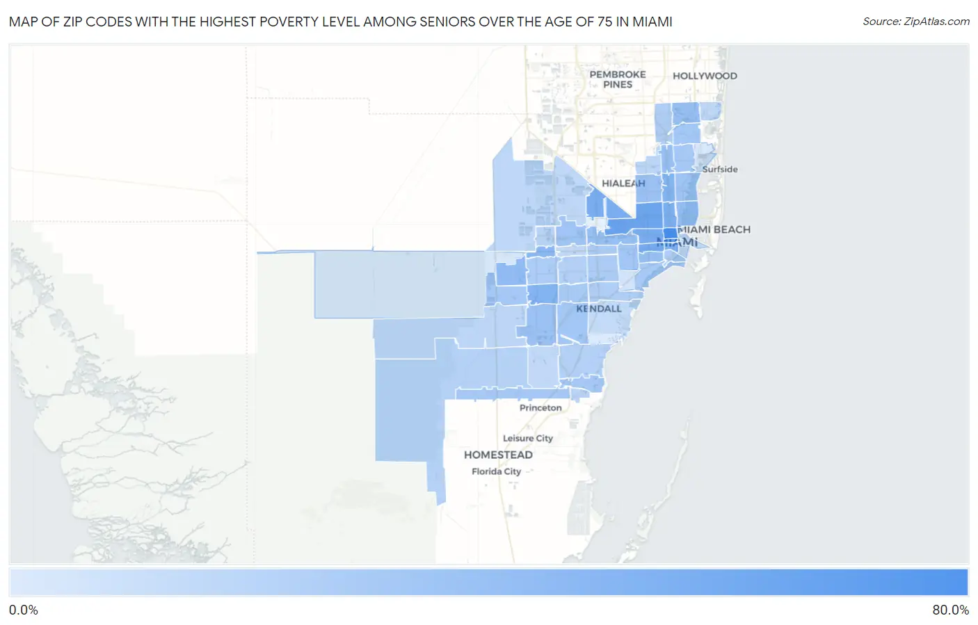 Zip Codes with the Highest Poverty Level Among Seniors Over the Age of 75 in Miami Map