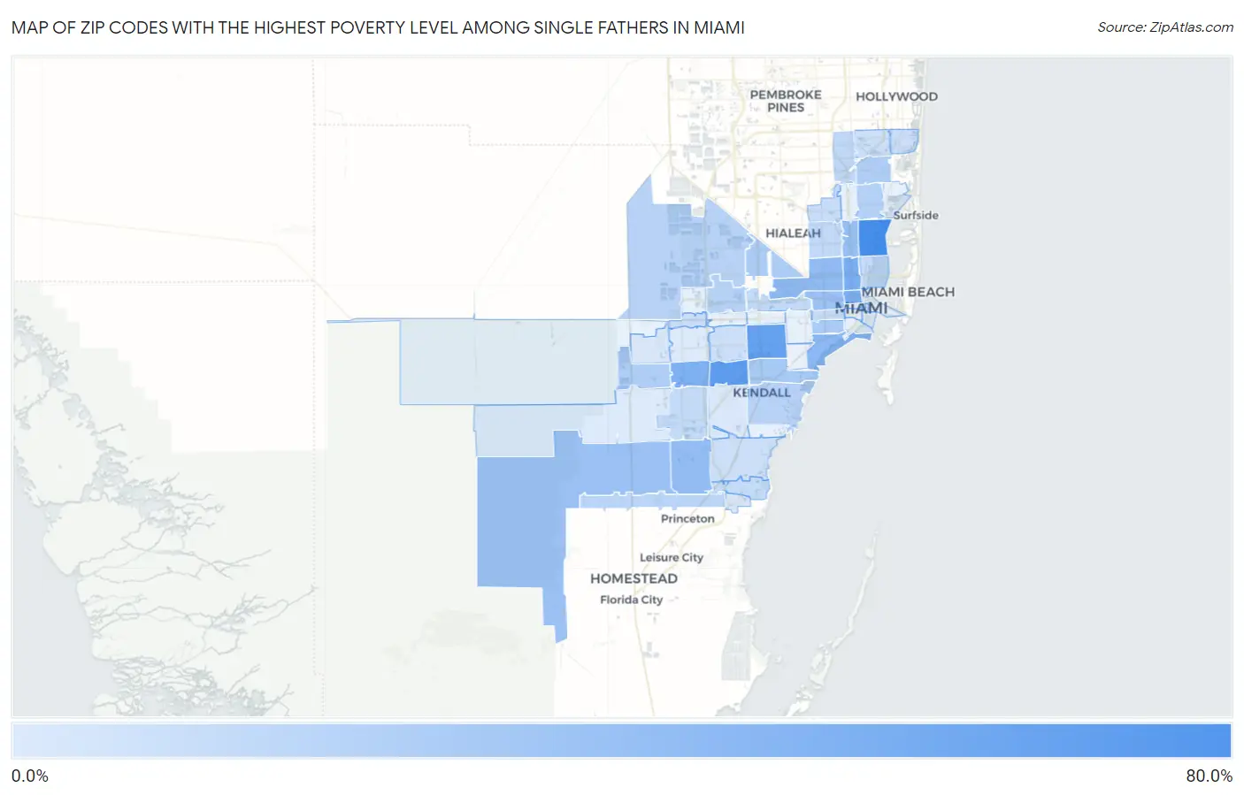 Zip Codes with the Highest Poverty Level Among Single Fathers in Miami Map