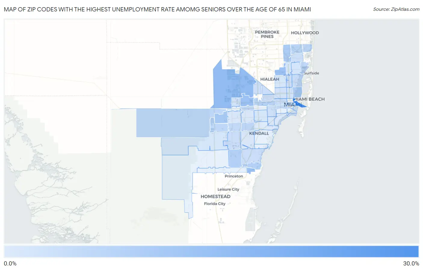 Zip Codes with the Highest Unemployment Rate Amomg Seniors Over the Age of 65 in Miami Map