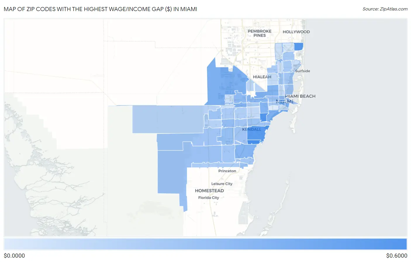 Zip Codes with the Highest Wage/Income Gap ($) in Miami Map