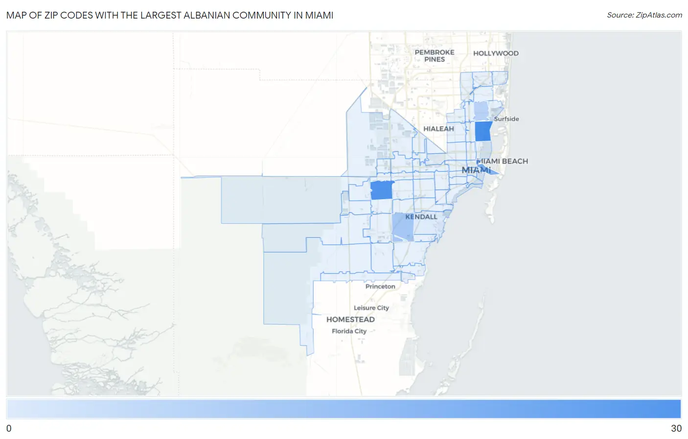 Zip Codes with the Largest Albanian Community in Miami Map