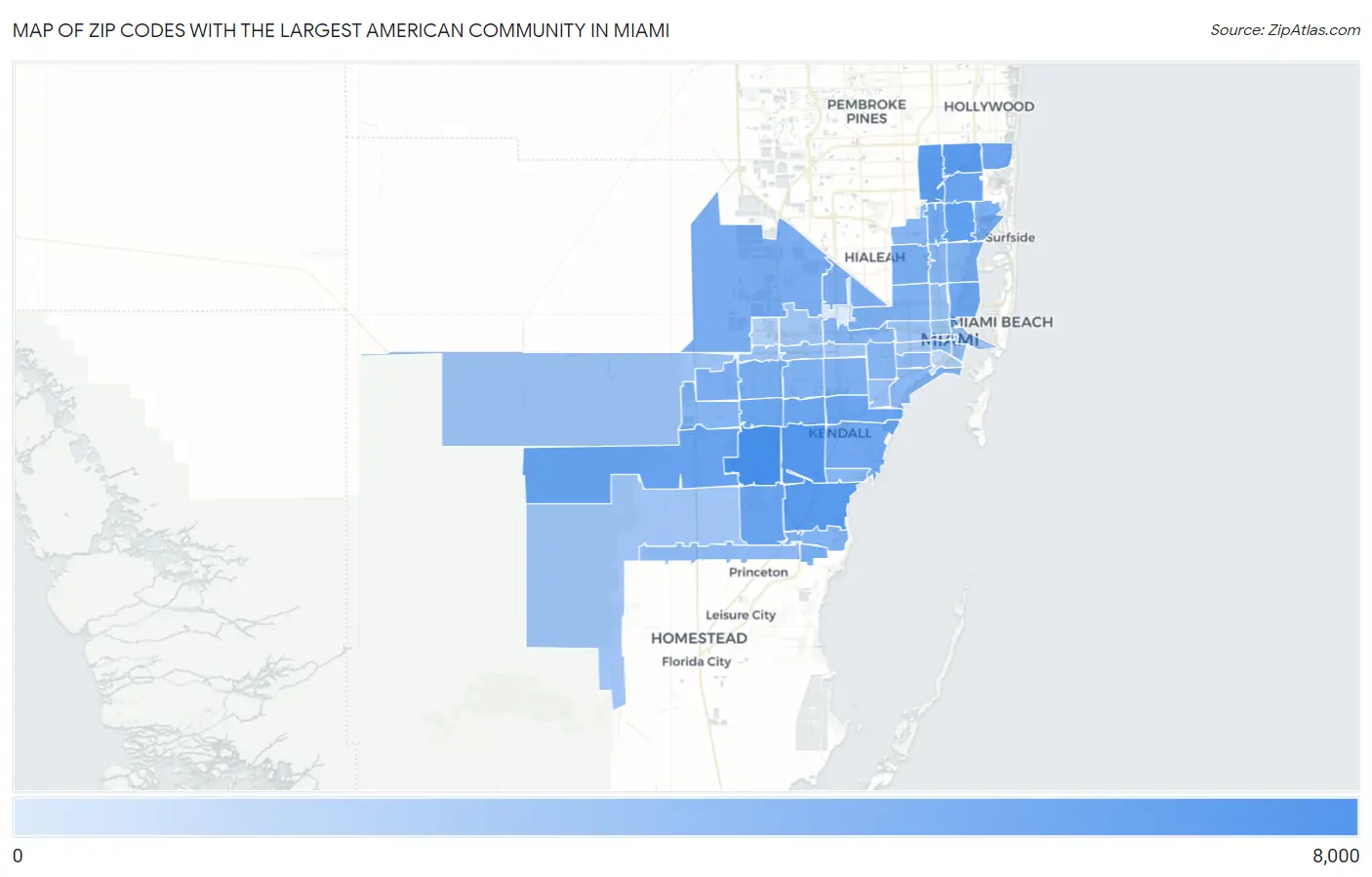 Zip Codes with the Largest American Community in Miami Map