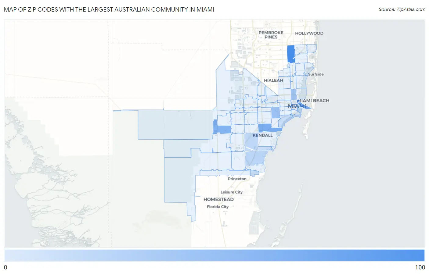 Zip Codes with the Largest Australian Community in Miami Map