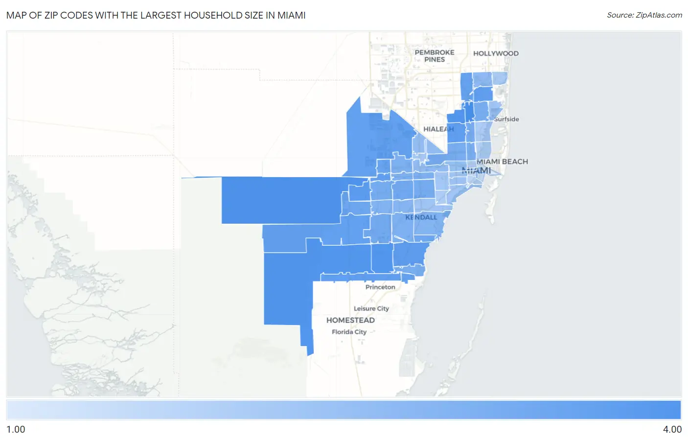 Zip Codes with the Largest Household Size in Miami Map
