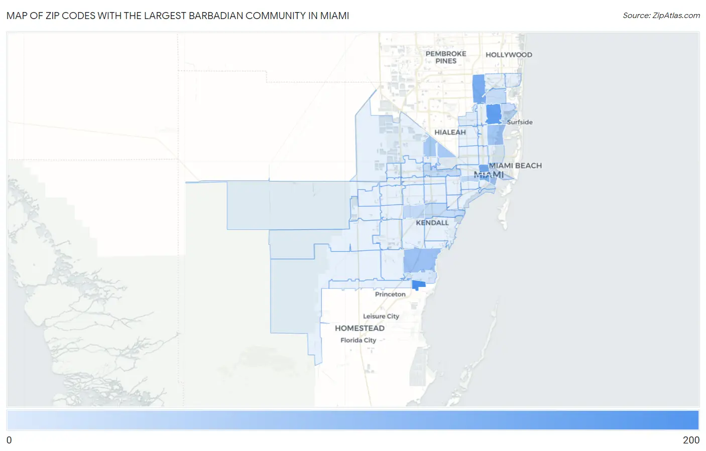 Zip Codes with the Largest Barbadian Community in Miami Map