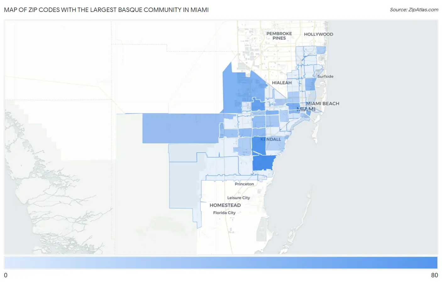 Zip Codes with the Largest Basque Community in Miami Map