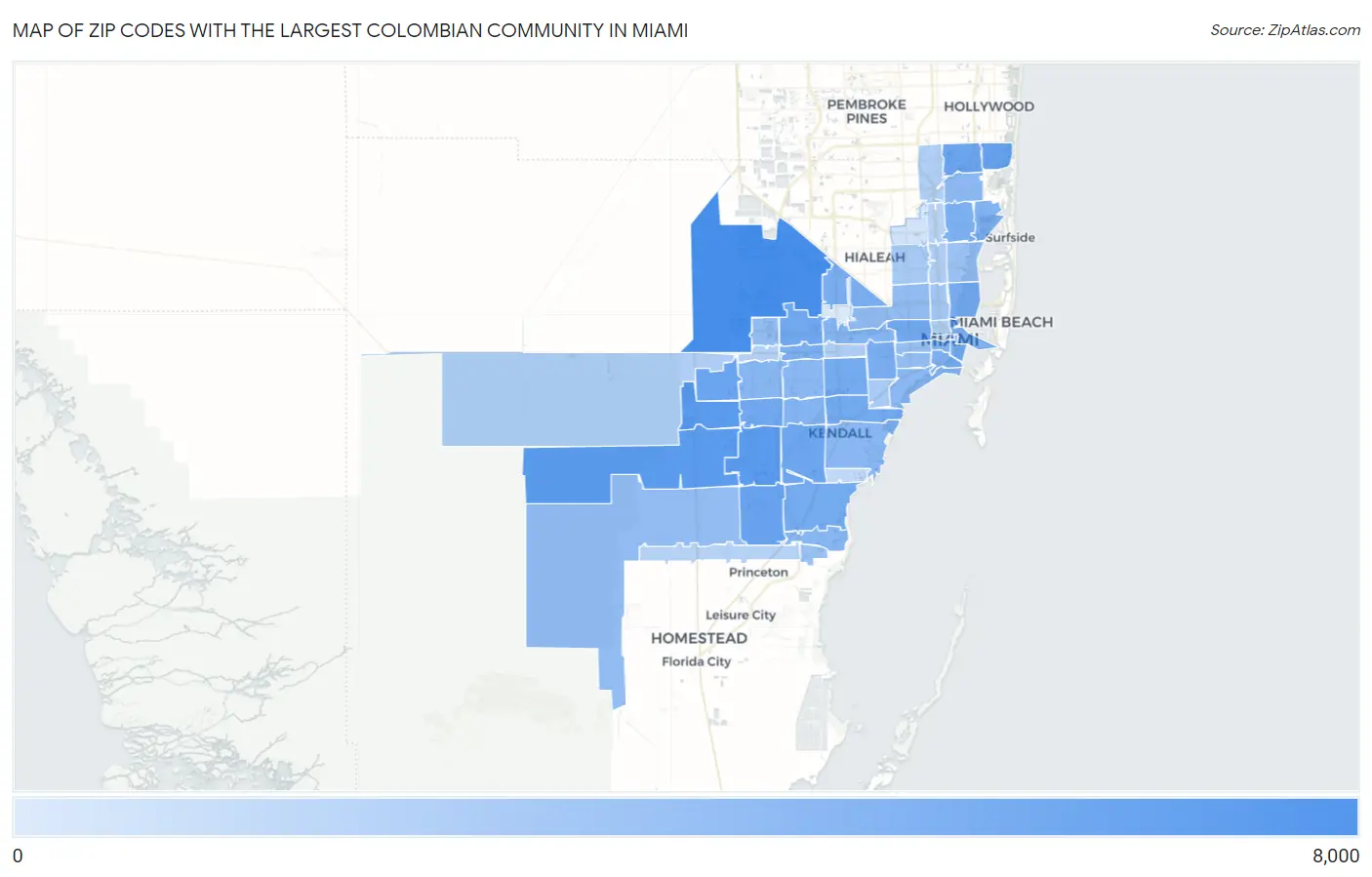 Zip Codes with the Largest Colombian Community in Miami Map
