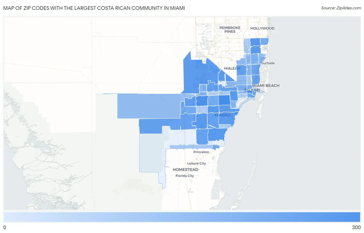 Zip Codes with the Largest Costa Rican Community in Miami Map