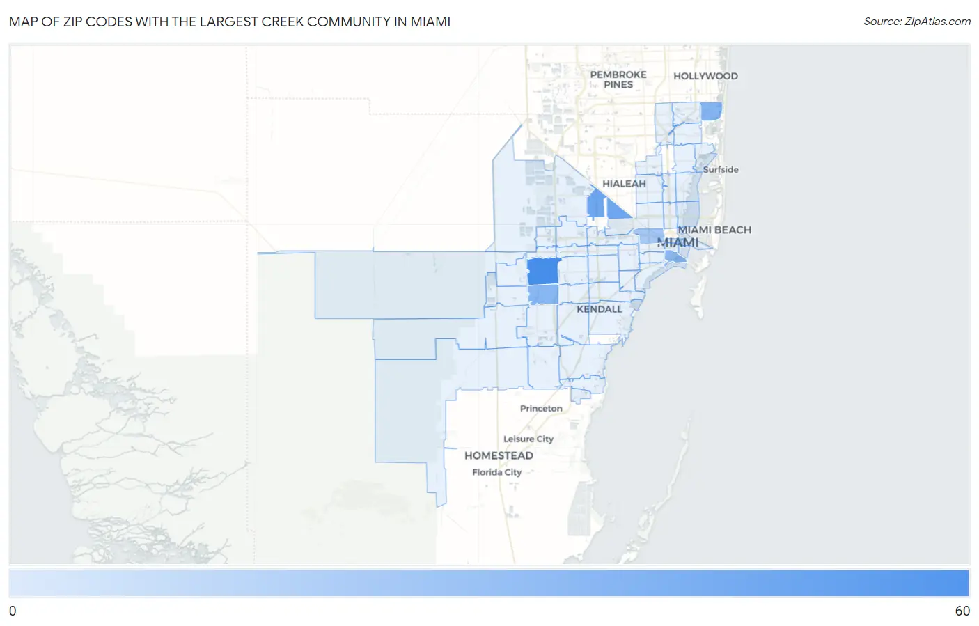 Zip Codes with the Largest Creek Community in Miami Map