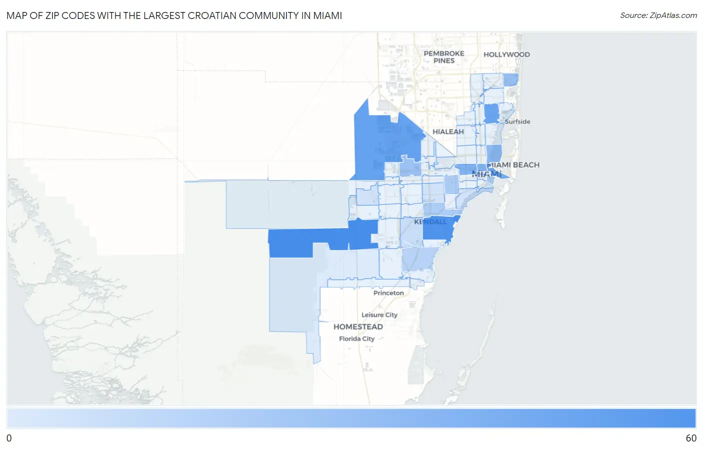 Zip Codes with the Largest Croatian Community in Miami Map