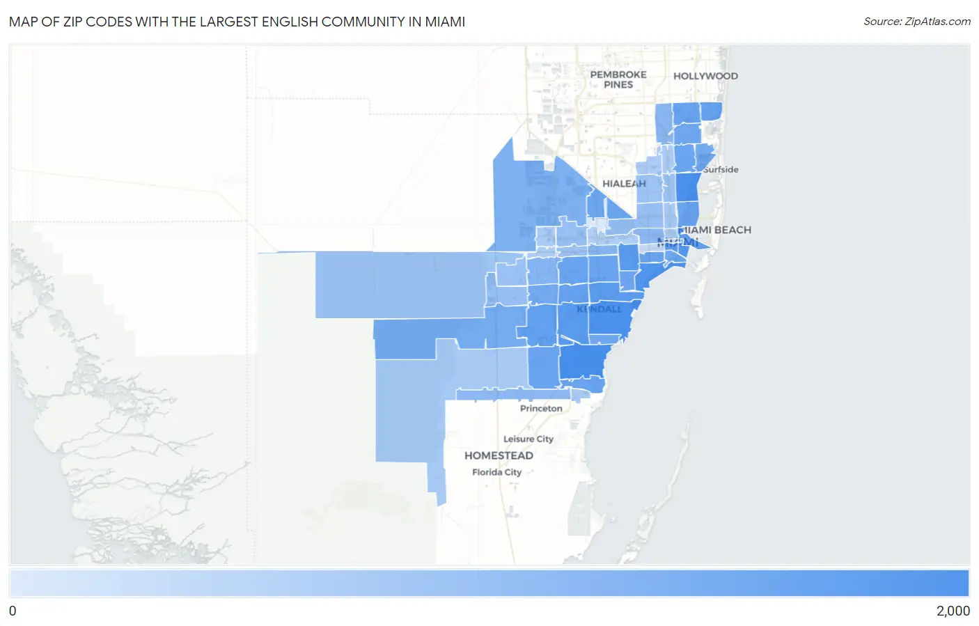 Zip Codes with the Largest English Community in Miami Map