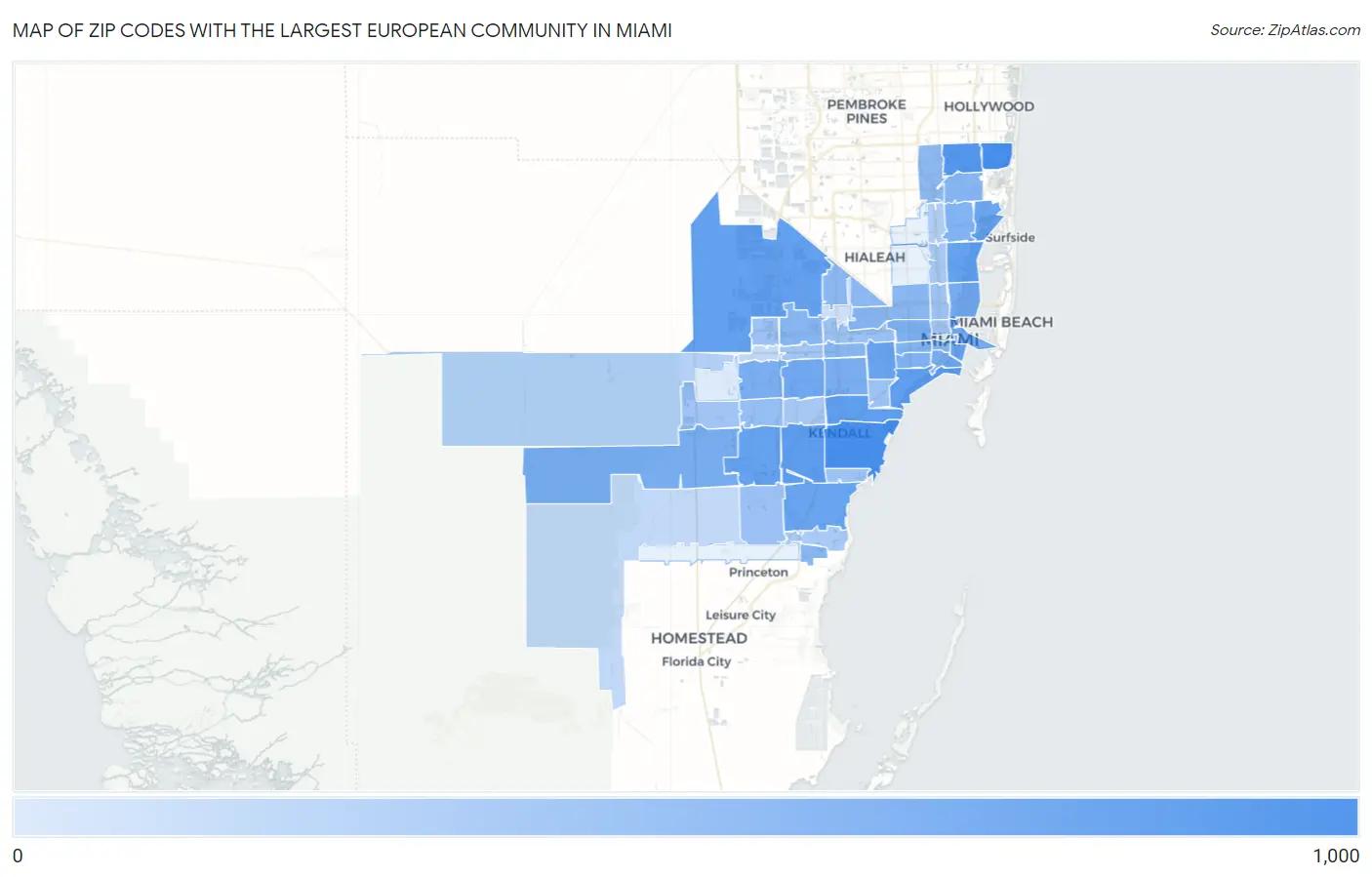 Zip Codes with the Largest European Community in Miami Map
