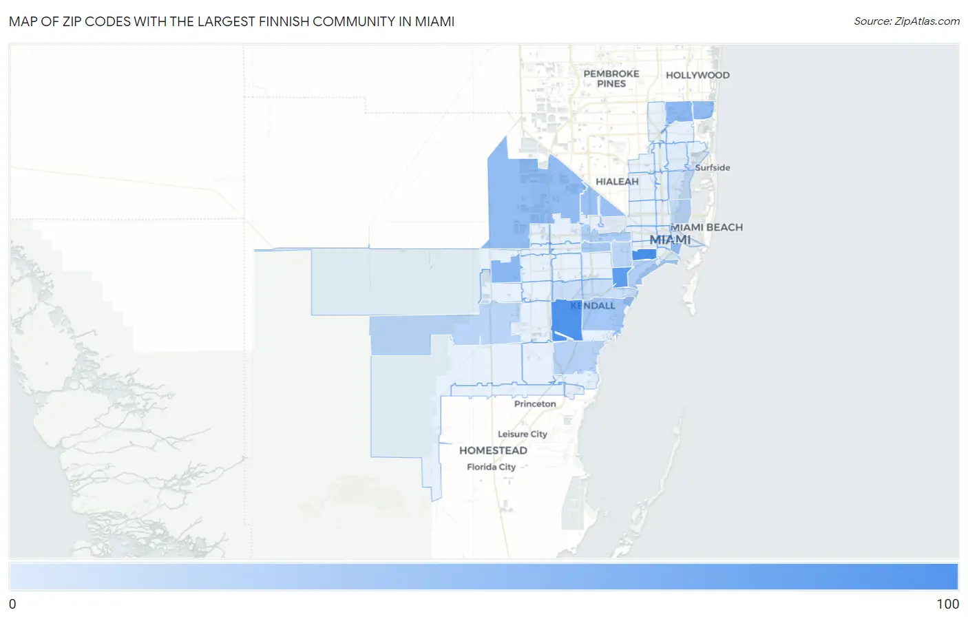 Zip Codes with the Largest Finnish Community in Miami Map
