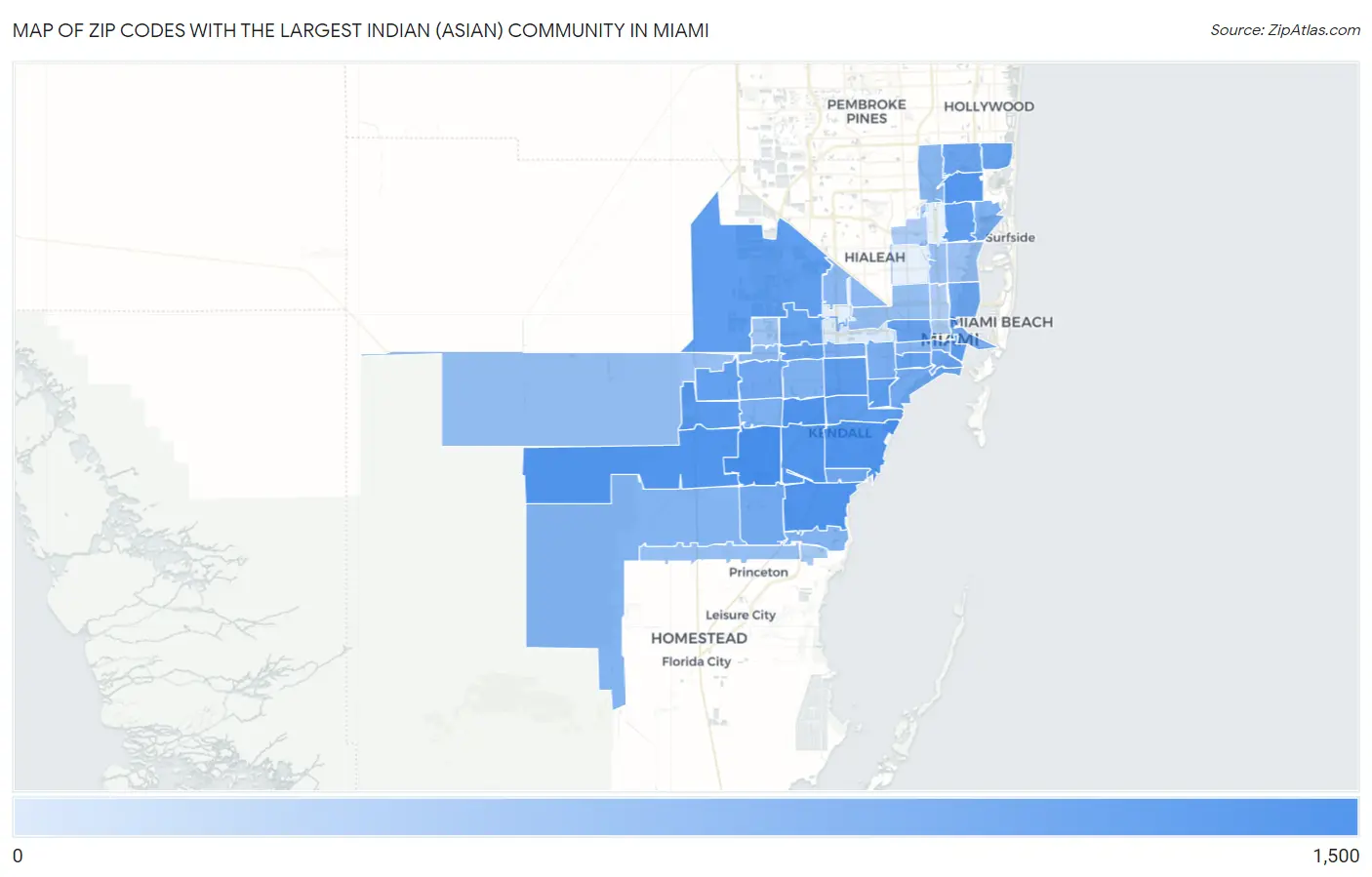 Zip Codes with the Largest Indian (Asian) Community in Miami Map