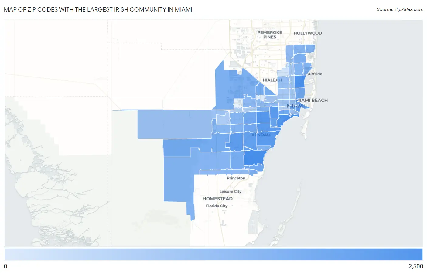 Zip Codes with the Largest Irish Community in Miami Map