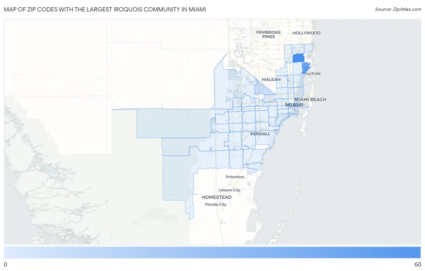 Zip Codes with the Largest Iroquois Community in Miami Map