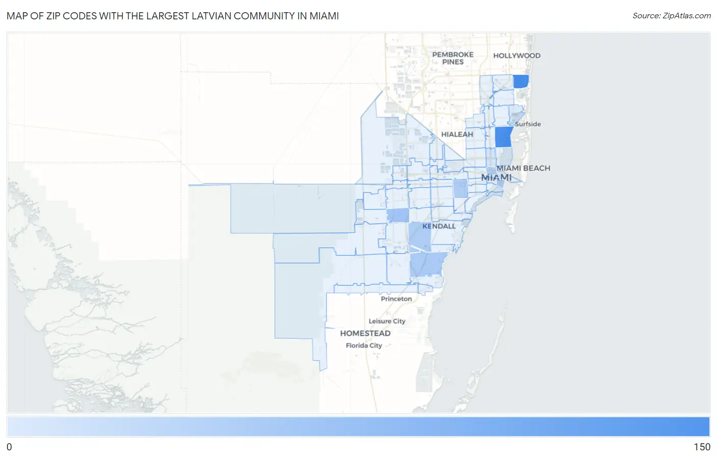 Zip Codes with the Largest Latvian Community in Miami Map