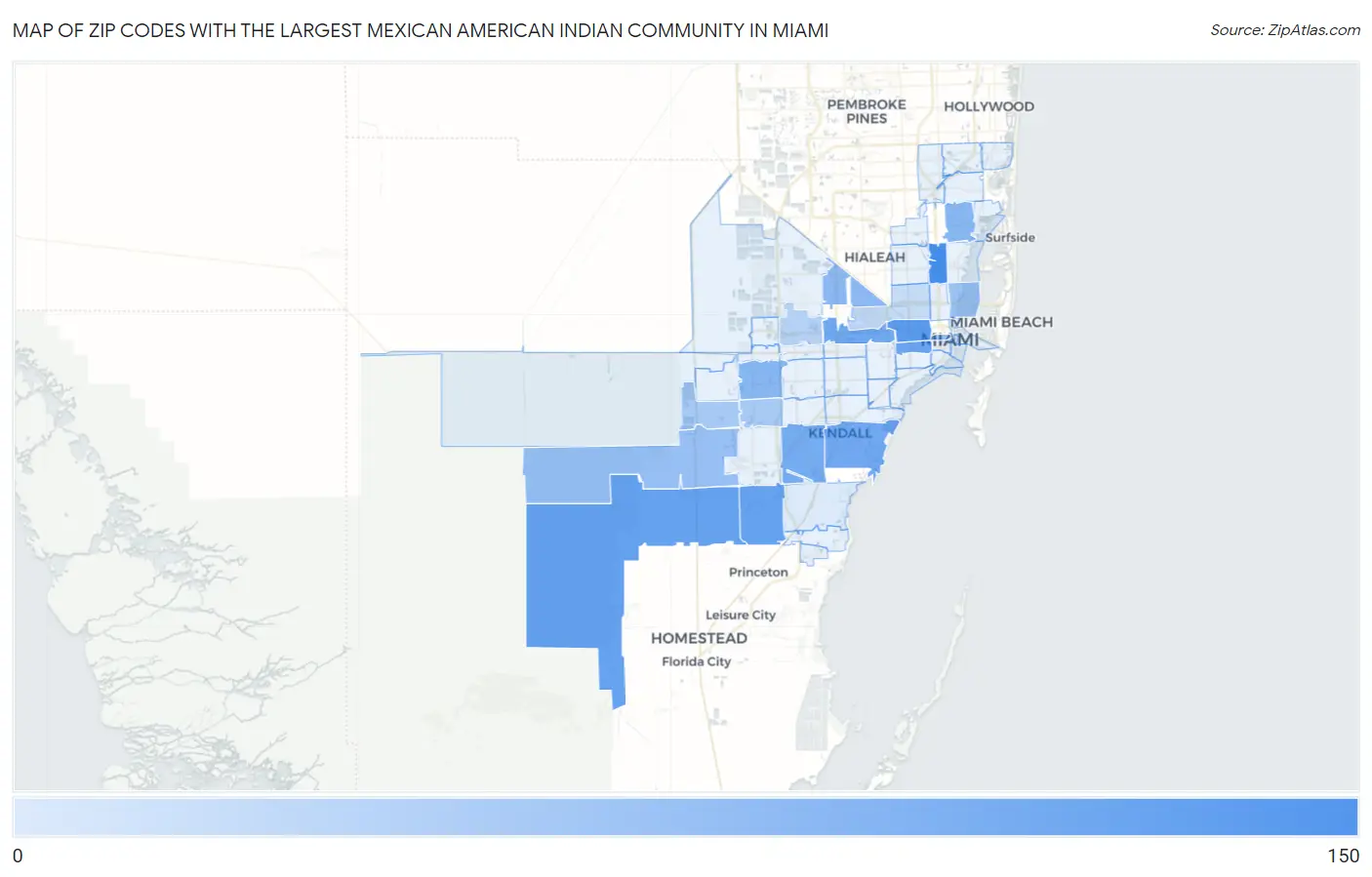 Zip Codes with the Largest Mexican American Indian Community in Miami Map