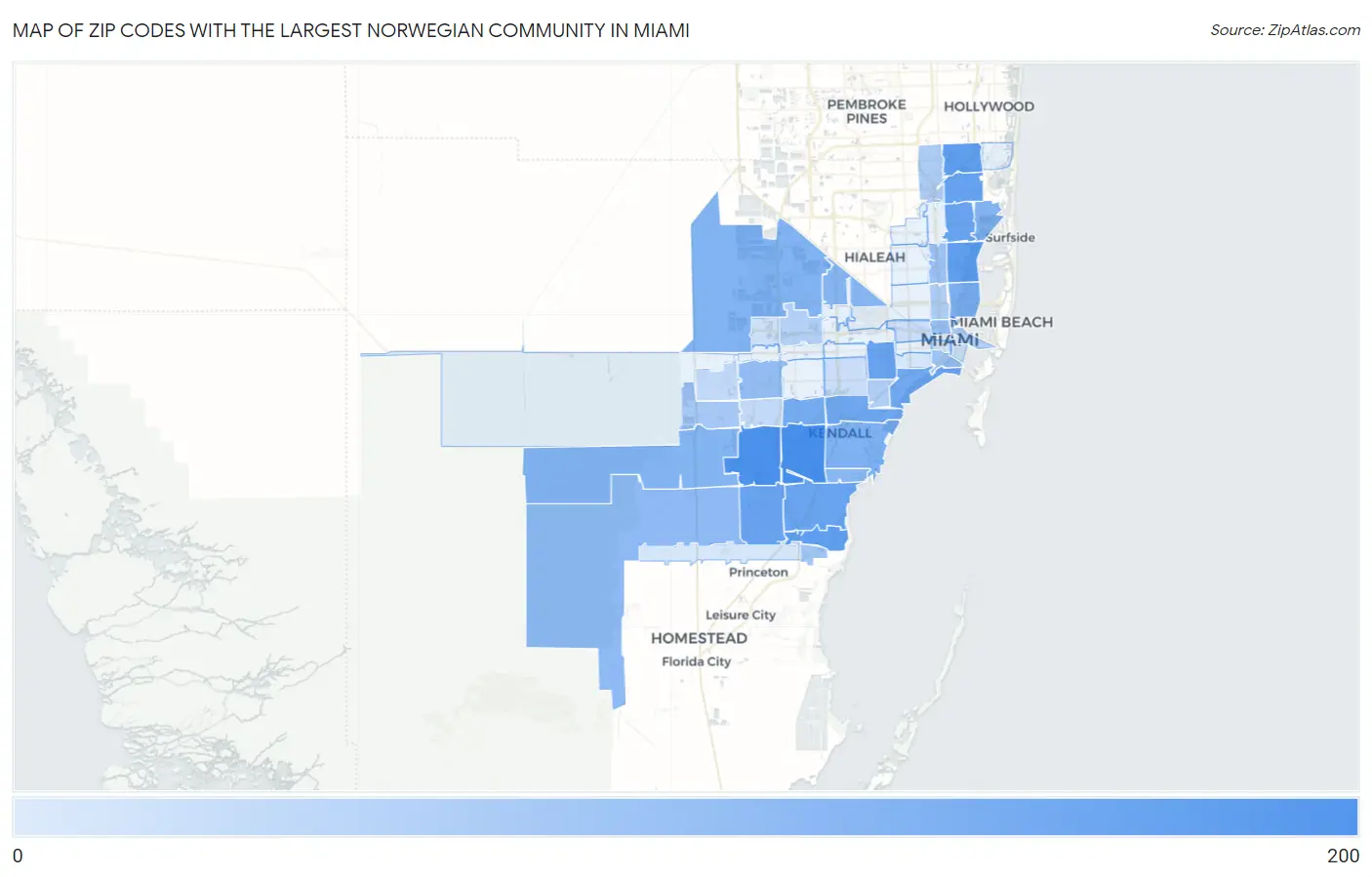 Zip Codes with the Largest Norwegian Community in Miami Map