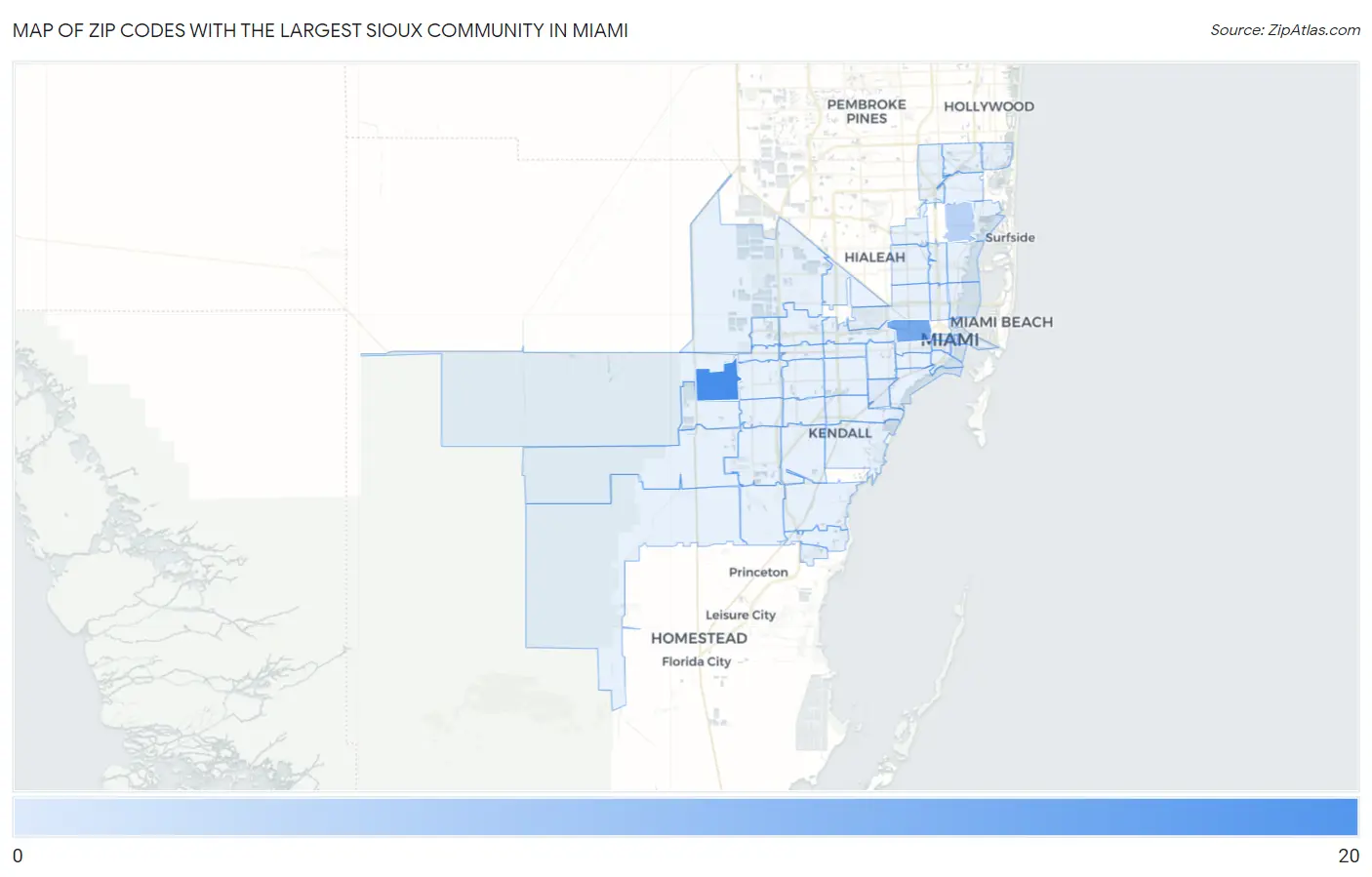 Zip Codes with the Largest Sioux Community in Miami Map