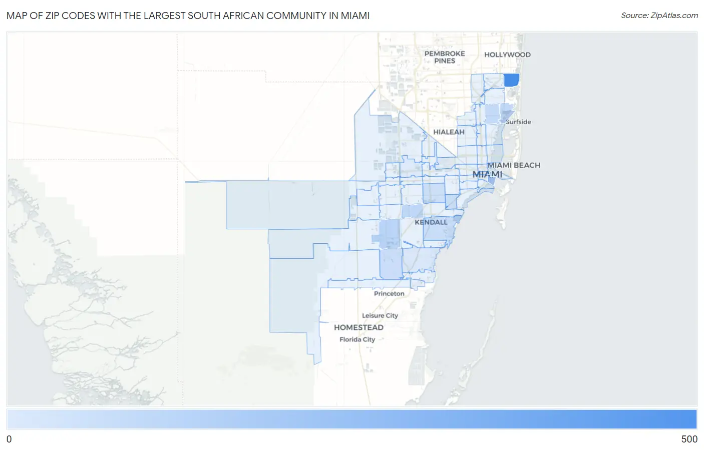 Zip Codes with the Largest South African Community in Miami Map